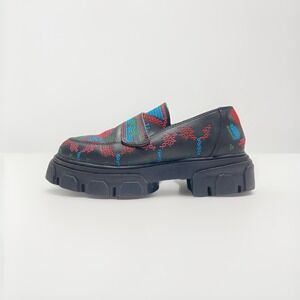 FARM Rio Black Leather Embroidered Multicolor Platform Loafers